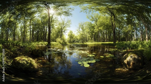 360° hdri forest and swamp environment map, spherical panorama, equidistant projection, 3d rendering
