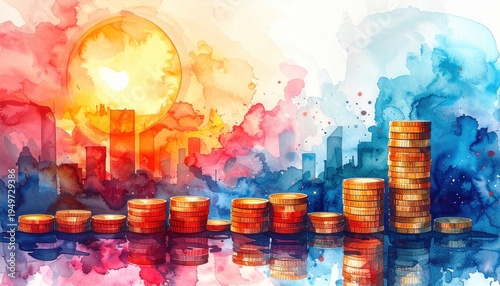 Financial Growth Abstract Cityscape with Stacked Coins Symbolizing Wealth and Investment