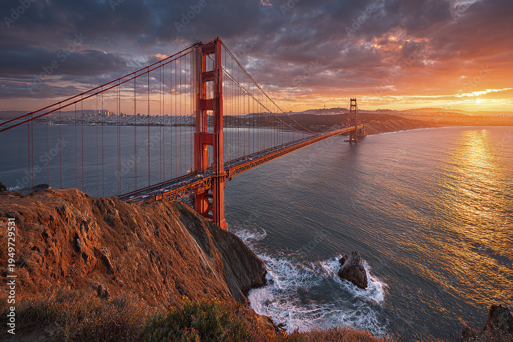 Fototapeta premium Golden Gate Bridge sunset panoramic view with orange sky and calm water, rocky coastline in foreground, and distant cityscape under dramatic clouds
