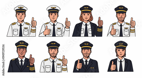 Diverse set of male and female airline pilot characters in uniform giving thumbs up gestures, vector illustration on white background.
