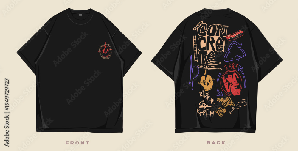 Obraz premium Graffiti t shirt design, Urban t-shirt design for print. Streetwear graphic for clothing design. Merch and apparel design. Scribble, doodles, cartoon vector illustration. Oversized tee mockup