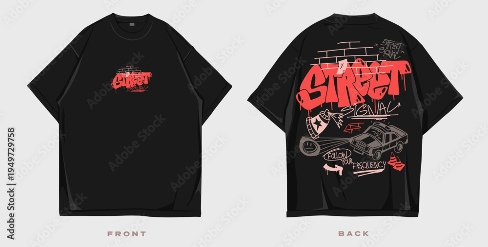 Obraz premium Graffiti t shirt design, Urban t-shirt design for print. Streetwear graphic for clothing design. Merch and apparel design. Scribble, doodles, cartoon vector illustration. Oversized tee mockup