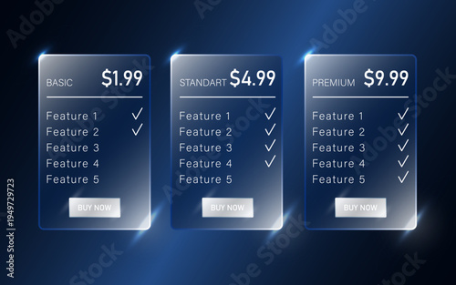 Glassmorphism pricing table set with three subscription plans. Futuristic web design interface elements with glossy glass effect on dark blue background. Vector illustration for software subscriptions