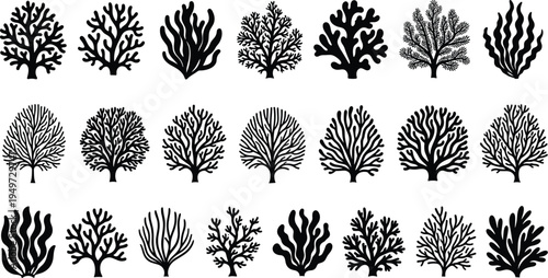 Coral reef silhouette mega collection vector set, underwater marine coral shapes bundle, ocean sea life decorative elements