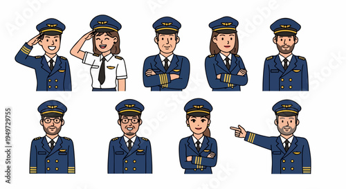 Set of diverse airline pilot characters in professional uniforms, featuring male and female aviators in various poses for aviation-themed designs.