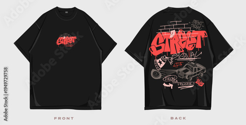 Graffiti t shirt design, Urban t-shirt design for print. Streetwear graphic for clothing design. Merch and apparel design. Scribble, doodles, cartoon vector illustration. Oversized tee mockup