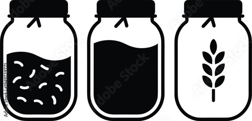 Food storage glass jar icons set, grain rice and liquid container symbols, kitchen ingredient vector illustration