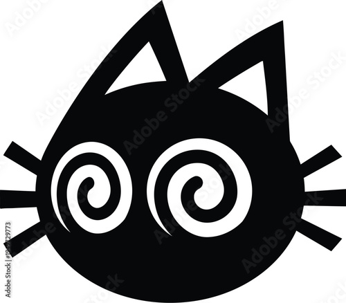 Charming black cat head illustration with captivating spiral eye design