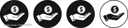 Hand holding money coin icon set, financial payment and investment symbols, business finance vector illustration collection