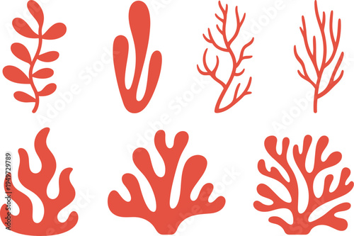 Red coral reef and seaweed shapes vector collection, underwater marine plant elements set for ocean nature design