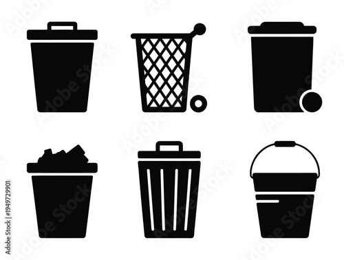 Bin Silhouette Icon Set, Featuring Trash, Garbage, and Waste Container Symbols Including Dustbin, Bucket, and Rubbish Disposal Icons for Web and Mobile Design Projects.