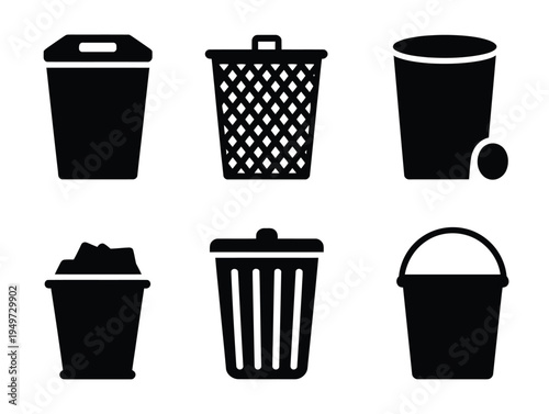 Bin Silhouette Vector Icons Collection, Trash, Garbage, Waste, Dustbin, Bucket, and Container Symbols Ideal for Recycling, Rubbish Disposal, Web Interfaces, and Mobile Applications.