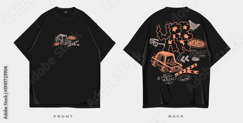 Graffiti t shirt design, Urban t-shirt design for print. Streetwear graphic for clothing design. Merch and apparel design. Scribble, doodles, cartoon vector illustration. Oversized tee mockup