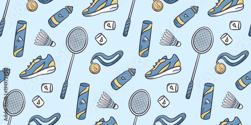Badminton doodle background. Badminton equipment pattern background. Cute badminton seamless pattern for kids. Sport hand drawn seamless pattern with racket, shuttlecock, medal, bottle, shoes.