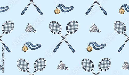 Badminton doodle background. Badminton equipment pattern background. Cute badminton seamless pattern for kids. Sport hand drawn seamless pattern with racket, shuttlecock, medal.