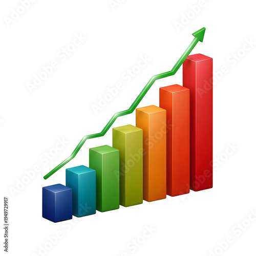 A colorful three dimensional bar chart showing steady growth with a rising green trend line arrow isolated on transparent background Free Download A colorful three dimensional bar chart showing steady growth with a rising green trend line arrow isolated on transparent background - GFXLoad