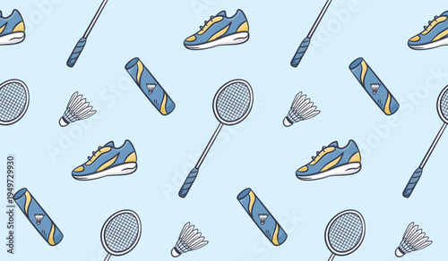 Badminton doodle background. Badminton equipment pattern background. Cute badminton seamless pattern for kids. Sport hand drawn seamless pattern with racket, shuttlecock, shoes.