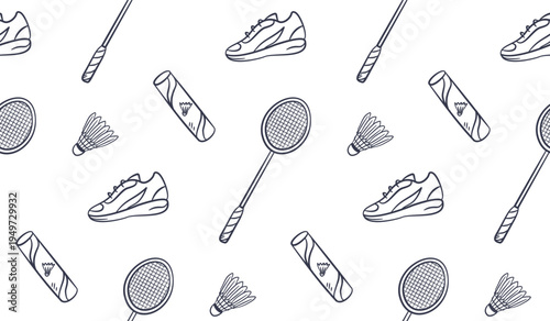 Badminton doodle background. Badminton equipment pattern background. Cute badminton seamless pattern for kids. Sport hand drawn seamless pattern with racket, shuttlecock, shoes.