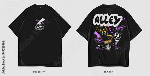 Graffiti t shirt design, Urban t-shirt design for print. Streetwear graphic for clothing design. Merch and apparel design. Scribble, doodles, cartoon vector illustration. Oversized tee mockup