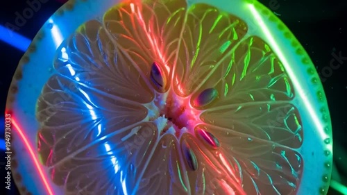 Vibrant neon lights illuminate a sliced orange on a plate in a dark room.