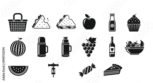 Collection of food and drink icons including fruits desserts and beverages on white background