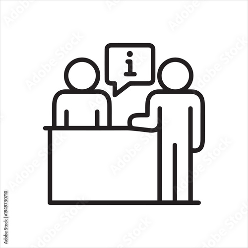 Information desk, reception, linear icon. Person answers a question at the table, tells information to another person. Counsellor. Line with editable stroke