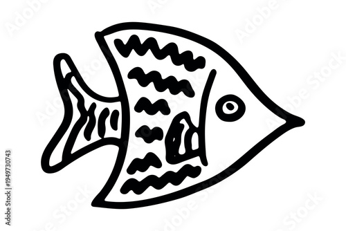 Hand drawn happy funny cute fish Adorable friendly kawaii tropical fish Underwater world sea life ocean Fishing seafood For design, kids print, kids books, nursery decor, coloring pages, logo