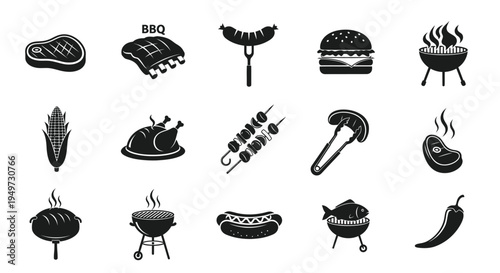 Black icons of various grilled foods and barbecue tools on white background for cooking and recipe themes
