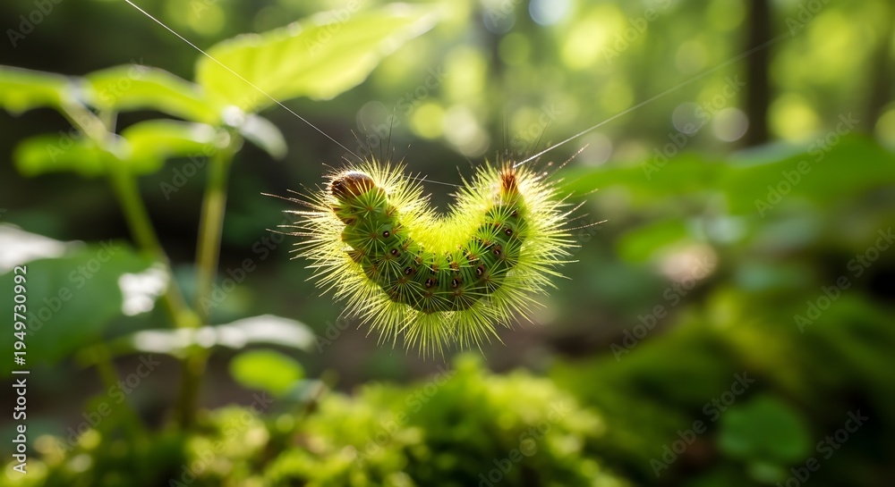 Fototapeta premium Macro shot of a bright green spiky caterpillar hanging from a thin silk thread in a sunny forest