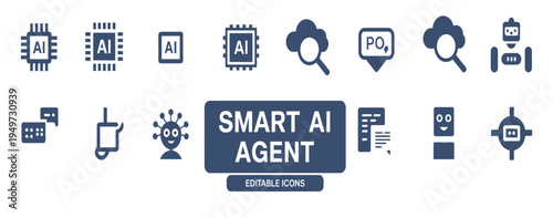 Essential two-color icons for smart AI agents, including processors, robots, cloud search, and digital communication.