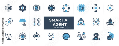 Modern two-color icons depicting smart AI agents, machine learning, and advanced robotic technology concepts.