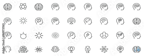 Extensive collection of human brain and mind line icons representing intelligence, thinking, and psychological concepts.