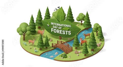 Illustration of a green forest landscape with trees, river, and bridge for International Day of Forests, promoting forest conservation and environmental protection.