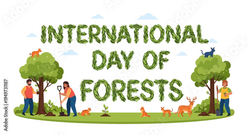Illustration of people planting trees and animals in a forest for International Day of Forests with a green landscape and environmental protection awareness.