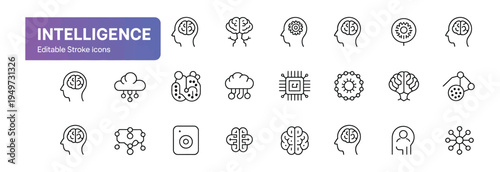 Modern collection of intelligence and brain line icons representing cognitive processes, technology, and digital innovation.