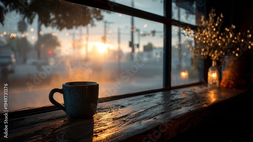 Cinematic morning coffee shop scene viewed through foggy window, sunrise light spilling across counter, cup in focus, golden reflections creating motivational and inspiring atmosphere