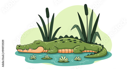 Whimsical cartoon alligator rests peacefully in serene swamp water surrounded by lush green reeds and lily pads vibrant
