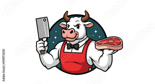 Muscular anthropomorphic cartoon bull butcher character wearing apron holding cleaver and raw steak