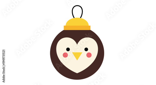 Cute cartoon penguin christmas ornament with heart shaped face and yellow beak isolated on white background festive