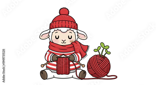 Adorable cartoon sheep character wearing a red knitted hat and scarf engrossed in knitting a red sweater with yarn