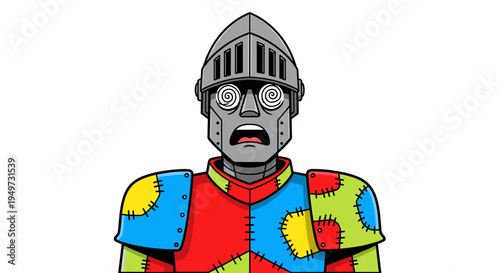 Dizzy knight in patchwork armor with swirling eyes expressing confusion and overwhelm isolated on white background