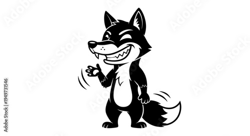 Wily cartoon fox character with mischievous grin and waving hand isolated on a clean white background perfect