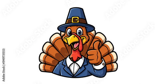 Cartoon pilgrim turkey giving thumbs up gesture wearing suit and pilgrim hat festive thanksgiving character celebration