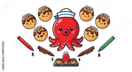 Whimsical red octopus chef with sailor hat prepares delicious takoyaki snacks surrounded by art supplies and spices