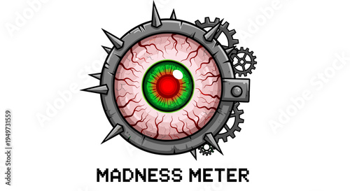 Intense mechanical eye with sharp spikes and gears symbolizing madness and mental breakdown digital art illustration