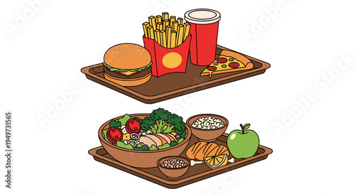 Healthy food choice versus unhealthy fast food tray comparison with salad apple bread versus burger fries pizza and soda