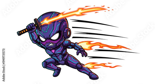 Dynamic cartoon superhero character with fiery sword and energy trails capturing action and power in a vibrant stylized