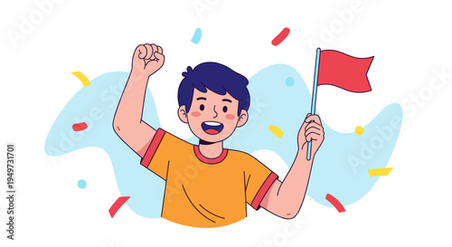 Excited young boy with short dark hair and a bright orange shirt raises his fist in triumph holding a red flag