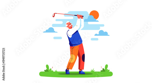Golfer swings club during sunny day on green course with clouds and sun in background outdoor leisure activity