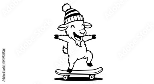 Joyful cartoon goat wearing a striped beanie and pom pom balancing on a skateboard with wheels celebrating winter fun